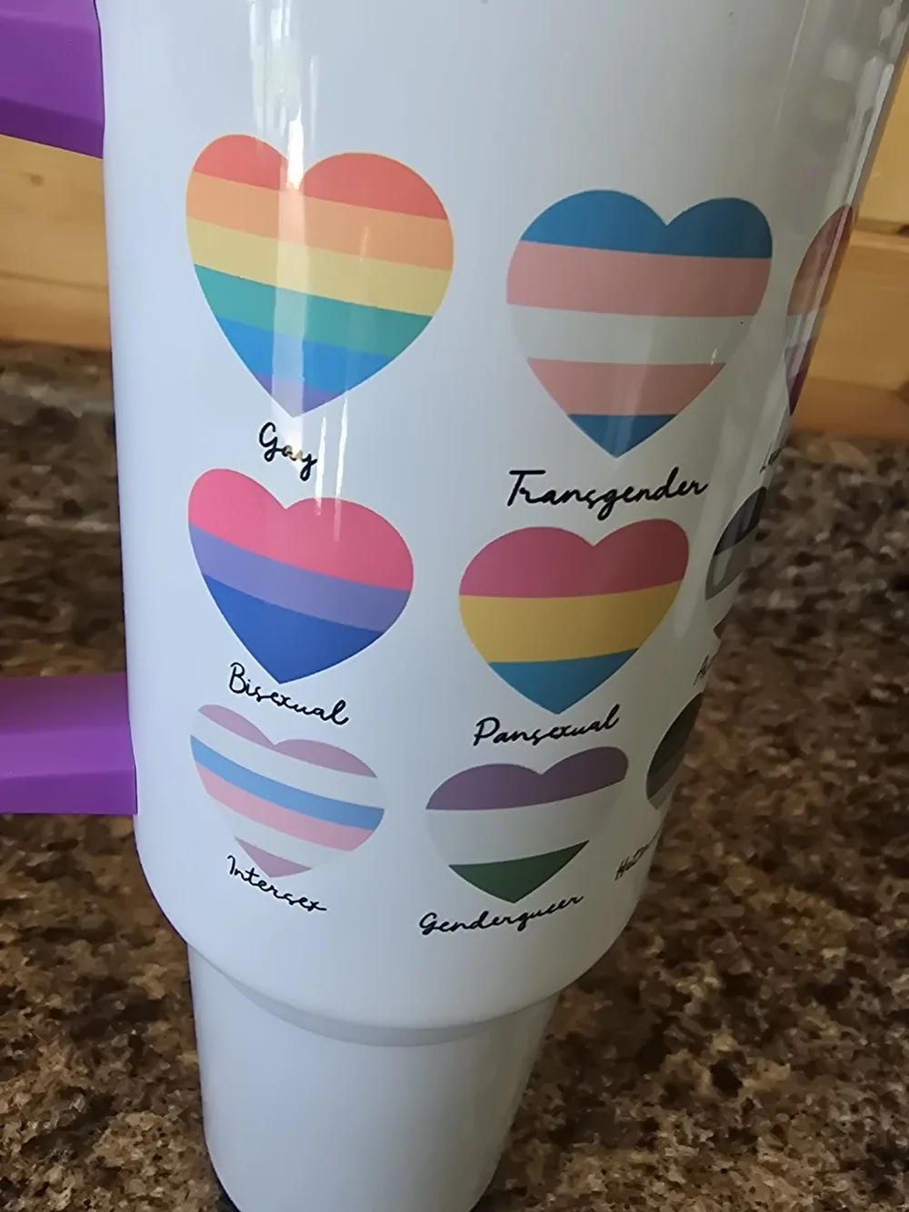 Purple-Handle Pride Heart Travel Tumbler - Rainbow & Transgender Icons